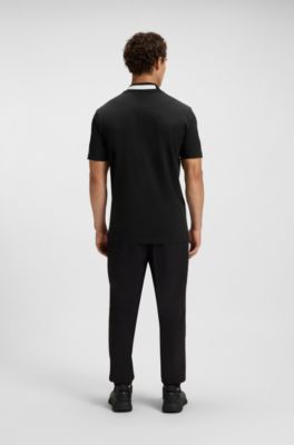 Stretch-cotton T-shirt with logo collar, Black