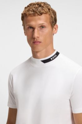 Stretch-cotton T-shirt with logo collar, White