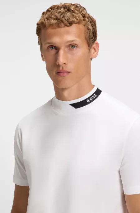Stretch-cotton T-shirt with logo collar