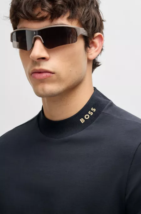 Stretch-cotton T-shirt with logo collar