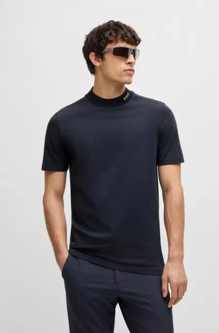 Stretch-cotton T-shirt with logo collar