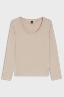 Cotton-blend pyjama top with waffle structure, Light Beige