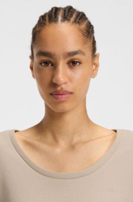 Cotton-blend pyjama top with waffle structure, Light Beige