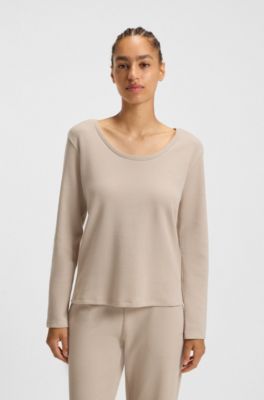 Cotton-blend pyjama top with waffle structure, Light Beige