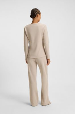 Cotton-blend pyjama top with waffle structure, Light Beige