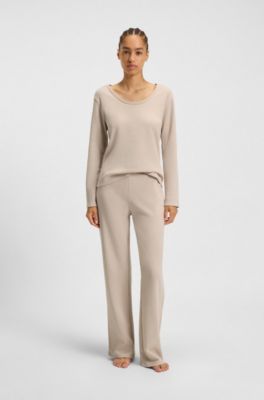 Cotton-blend pyjama bottoms with waffle structure, Light Beige