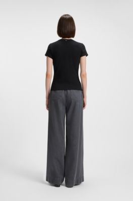 Cotton-crepe T-shirt with lustrous piping, Black