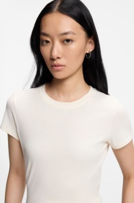 Cotton-crepe T-shirt with lustrous piping, Natural
