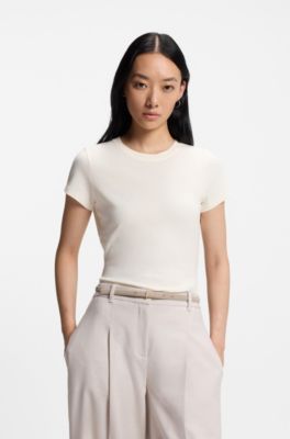 Cotton-crepe T-shirt with lustrous piping, Natural