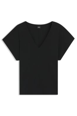 V-neck top in cotton crepe with lustrous piping, Black