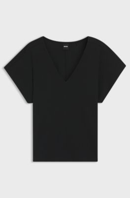 V-neck top in cotton crepe with lustrous piping, Black