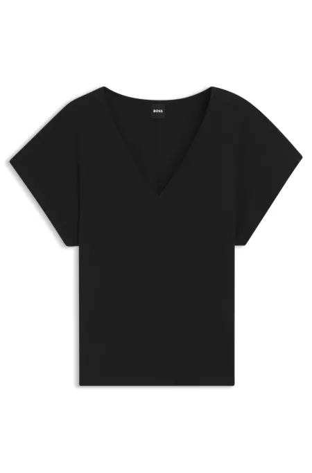 V-neck top in cotton crepe with lustrous piping