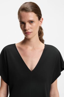 V-neck top in cotton crepe with lustrous piping, Black