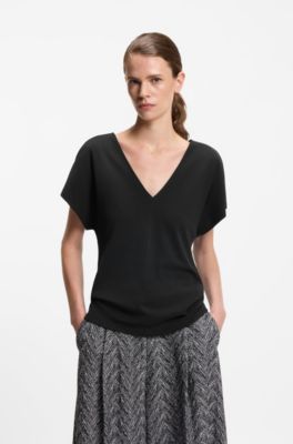 V-neck top in cotton crepe with lustrous piping, Black