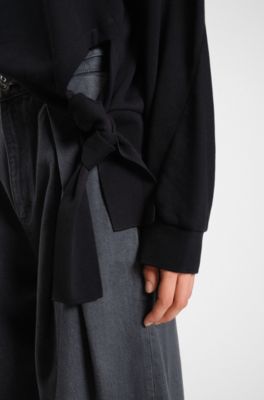 Cotton-blend sweatshirt with tie detail, Black