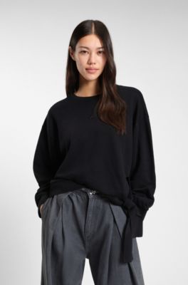 Cotton-blend sweatshirt with tie detail, Black