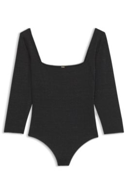 Sparkly-jersey bodysuit with picot trim, Black