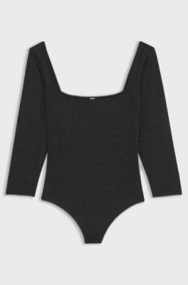 Sparkly-jersey bodysuit with picot trim, Black