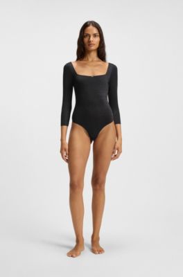 Sparkly-jersey bodysuit with picot trim, Black