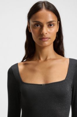 Sparkly-jersey bodysuit with picot trim, Black