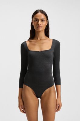 Sparkly-jersey bodysuit with picot trim, Black