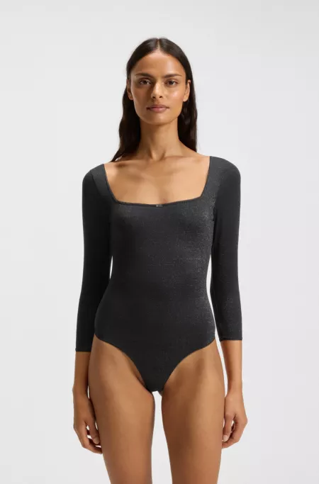 Sparkly-jersey bodysuit with picot trim