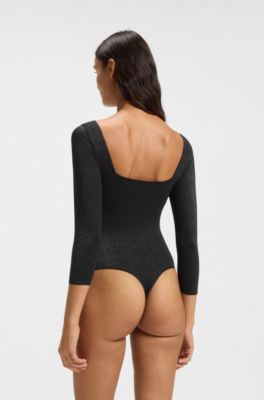 Sparkly-jersey bodysuit with picot trim, Black