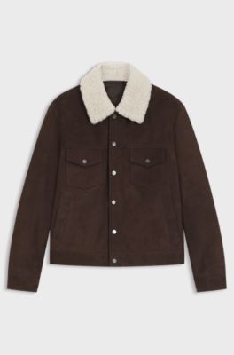 BECKHAM x BOSS leather jacket with fur collar, Dark Brown