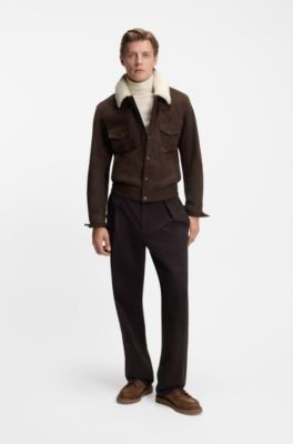 BECKHAM x BOSS leather jacket with fur collar, Dark Brown