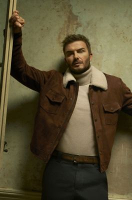 BECKHAM x BOSS leather jacket with fur collar, Dark Brown