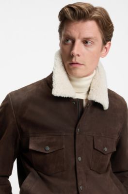 BECKHAM x BOSS leather jacket with fur collar, Dark Brown