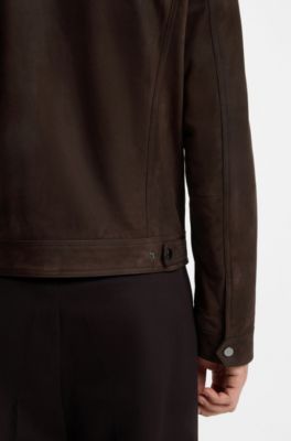 BECKHAM x BOSS leather jacket with fur collar, Dark Brown