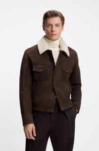 BECKHAM x BOSS leather jacket with fur collar, Dark Brown