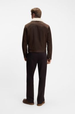 BECKHAM x BOSS leather jacket with fur collar, Dark Brown