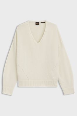V-neck sweater in Italian yarn, Natural