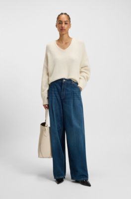 V-neck sweater in Italian yarn, Natural