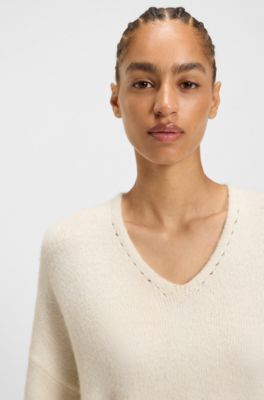 V-neck sweater in Italian yarn, Natural