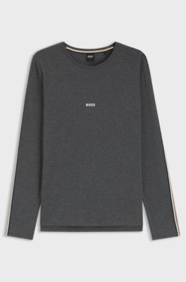 Cotton pyjama top with striped sleeve details, Grey