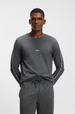 Cotton pyjama top with striped sleeve details, Grey
