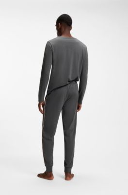 Cotton pyjama top with striped sleeve details, Grey