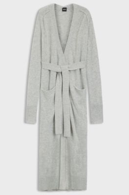 Longline belted cardigan in melange cashmere, Light Grey