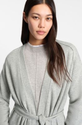 Longline belted cardigan in melange cashmere, Light Grey