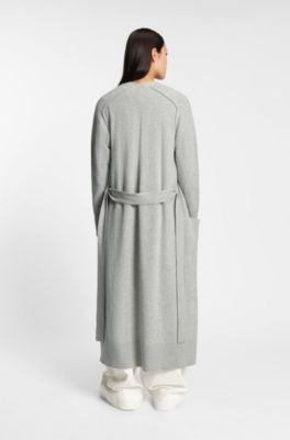 Longline belted cardigan in melange cashmere, Light Grey