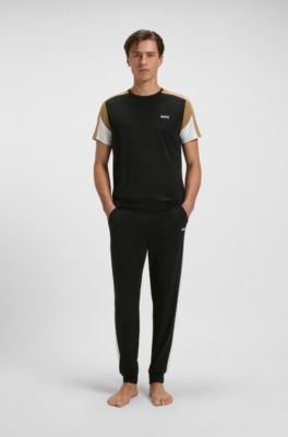 Cotton-blend pyjama bottoms with contrast panels, Black