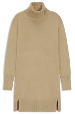 スプリットロールネック セータードレス ウールブレンド, ベージュ