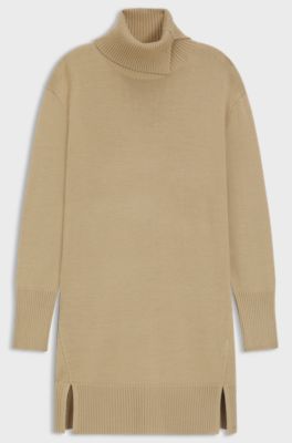 Vestido de punto con cuello vuelto con abertura en mezcla de lana, Beige