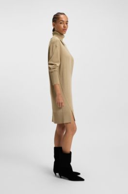 Vestido de punto con cuello vuelto con abertura en mezcla de lana, Beige