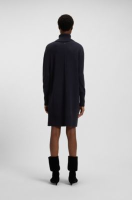 Vestido de punto con cuello vuelto con abertura en mezcla de lana, Azul oscuro