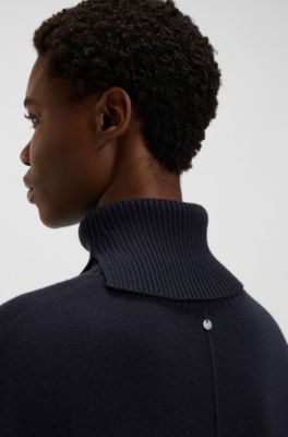 Vestido de punto con cuello vuelto con abertura en mezcla de lana, Azul oscuro