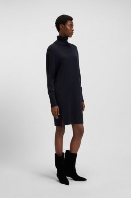 Split-rollneck sweater dress in a wool blend, Dark Blue